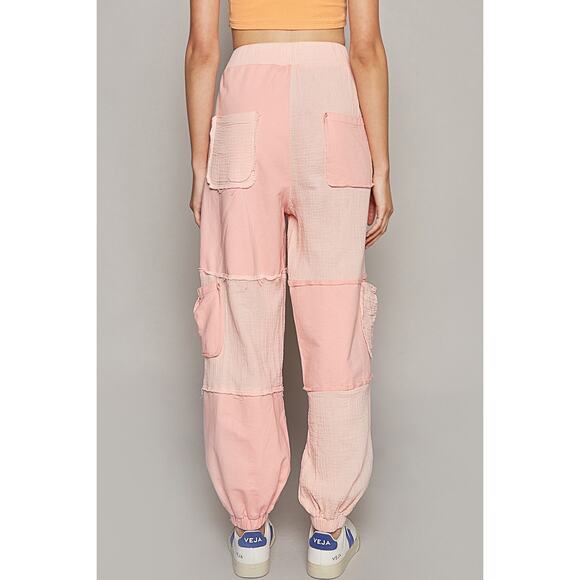 POL Adjustable Drawstring Cargo Pockets Contrast Ankle Jogger Pants | Blush Pink - Picture 2 of 4